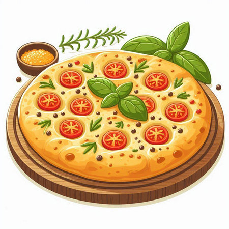 Illustration of a pizza with tomatoes and basil on a white backgroundのイラスト素材