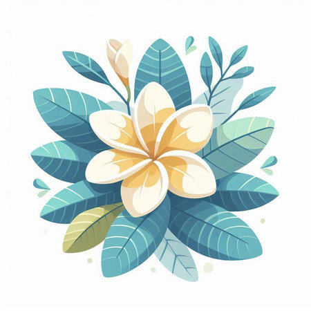 Frangipani flowers with leaves on white background. Vector illustration.のイラスト素材