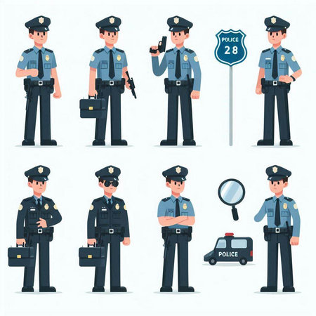 Policeman character. Policeman in different positions. Policeman vector illustrationのイラスト素材