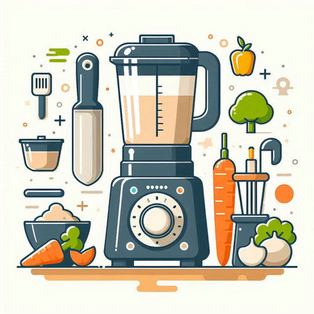 Modern flat design vector illustration concept of healthy food and cooking. Juicer with ingredients.のイラスト素材