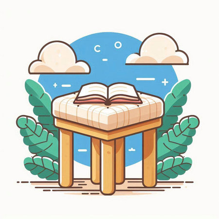 Open book on a wooden table. Vector illustration in flat style.のイラスト素材