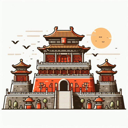 Ancient Chinese building in the style of flat design. Vector illustration.のイラスト素材
