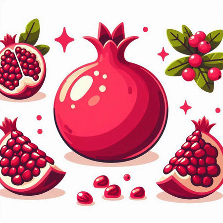 Pomegranate fruit with leaves and seeds. Vector illustration.のイラスト素材