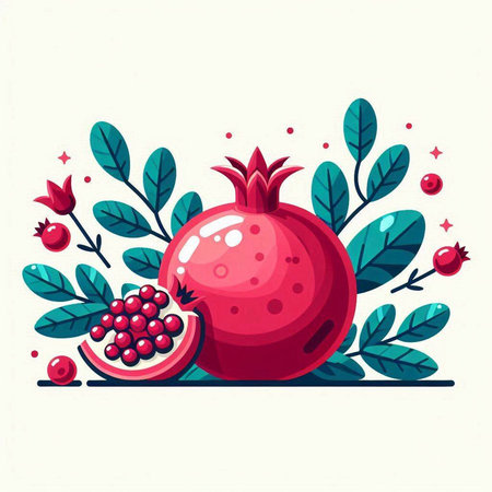 Ripe pomegranate with leaves and berries. Vector illustration.のイラスト素材