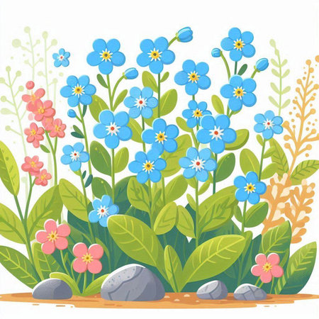 Forget-me-not flowers and grasses. Vector illustration.のイラスト素材