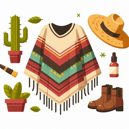 Vector illustration of a colorful poncho, hat, cactus and other itemsのイラスト素材