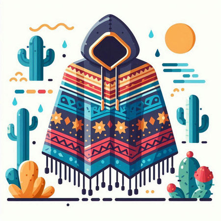 Mexican poncho with cactuses. Vector illustration.のイラスト素材