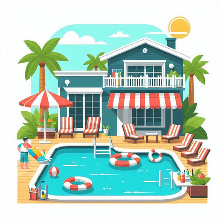 Hotel resort with swimming pool. Vector illustration in flat style.のイラスト素材