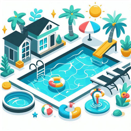 Swimming pool isometric concept with swimming pool and inflatable ring vector illustrationのイラスト素材
