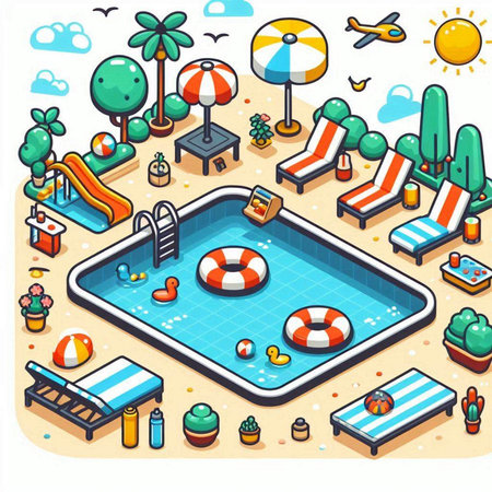 Swimming pool isometric vector illustration. Swimming pool with inflatable ring, sun lounger, sun loungerchair, palm trees, umbrella and sunflowers.のイラスト素材
