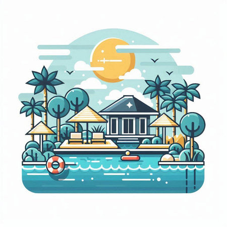 Vector illustration of a tropical island in flat style with palm trees, lifebuoy, bungalows and sea.のイラスト素材