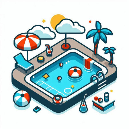 Swimming pool in isometric 3d vector illustration. Summer holiday concept.のイラスト素材