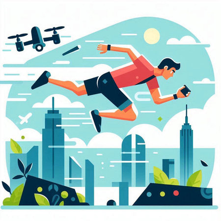 Drone flies over the city. Flat style vector illustration. Vector illustrationのイラスト素材