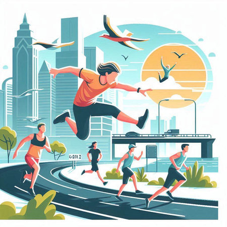 Running people in urban city park. Healthy lifestyle and sport concept. Vector illustration in flat styleのイラスト素材