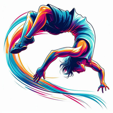 Illustration of a male breakdancer jumping in front of a colorful backgroundのイラスト素材