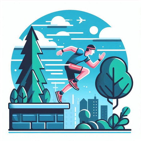 Vector illustration of a man running in the forest. Flat style.のイラスト素材