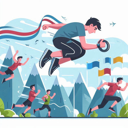 Jumping people in the mountains with flags. Flat vector illustration.のイラスト素材