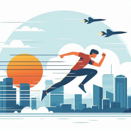 Vector illustration of a man running in the city at sunset. Flat style.のイラスト素材