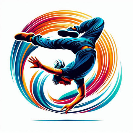 Young breakdancer jumping in front of colorful background. Vector illustration.のイラスト素材