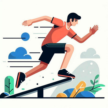 Athletic man jumping on sports ground. Flat vector illustration.のイラスト素材