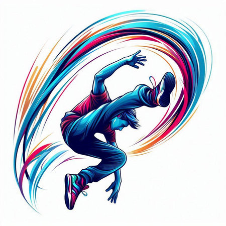 illustration of a breakdancer jumping with an abstract colorful backgroundのイラスト素材