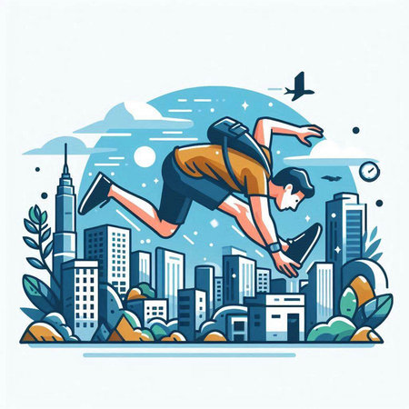 Vector illustration of a man jumping over the city. Flat style design.のイラスト素材