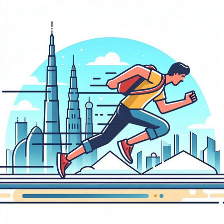 Running man in city. Vector illustration in flat linear design style.のイラスト素材
