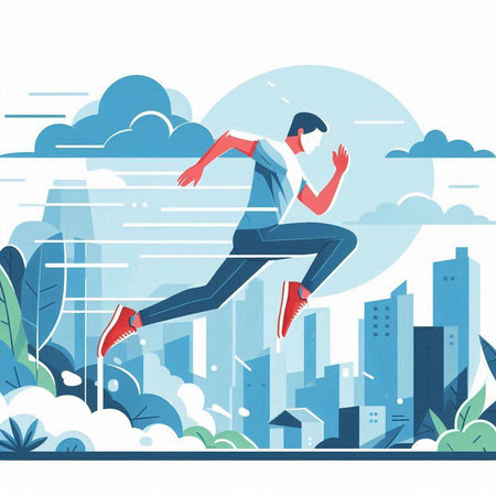 Vector illustration of a man running in the city, flat style.のイラスト素材
