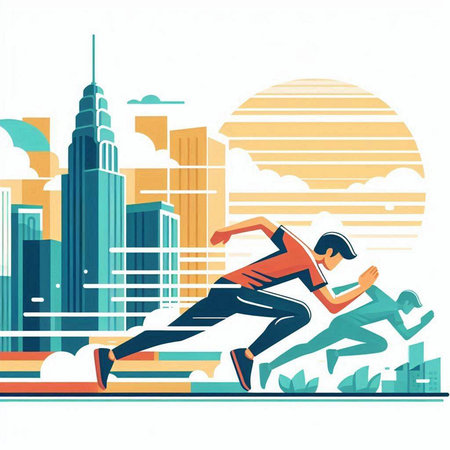 Vector illustration of a running man on the background of the city.のイラスト素材