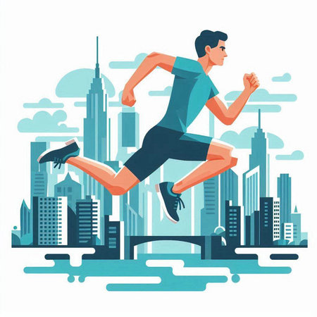 Running man in city. Vector illustration in flat style. Healthy lifestyle.のイラスト素材