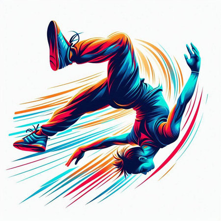 illustration of a man jumping with colored lines in the background.のイラスト素材