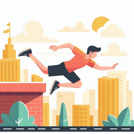 Man running on the city street. Healthy lifestyle concept. Vector illustrationのイラスト素材