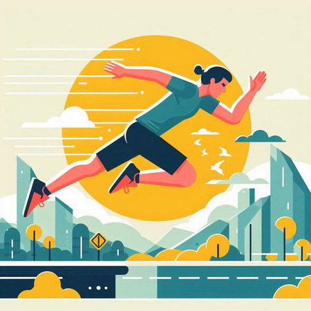 Vector illustration of woman in sportswear running in the city.のイラスト素材