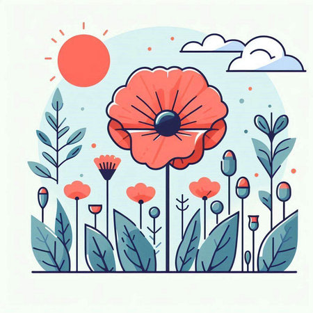 Vector illustration of a flower field with poppies and leaves.のイラスト素材