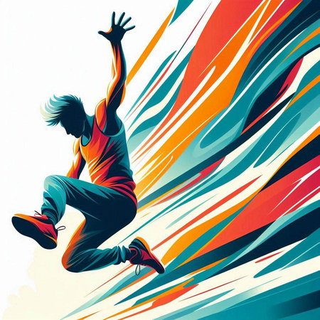 illustration of a young man jumping with colorful background, vector illustrationのイラスト素材