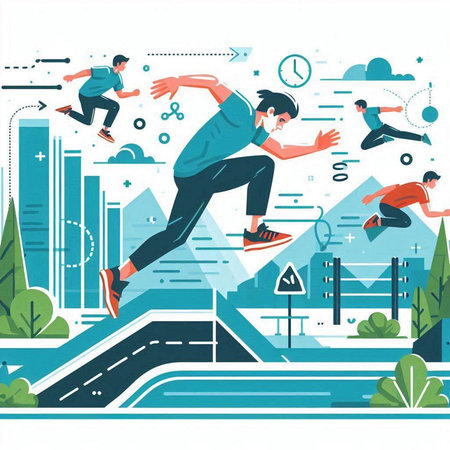 Modern flat design style vector illustration concept of people jumping over obstacles.のイラスト素材