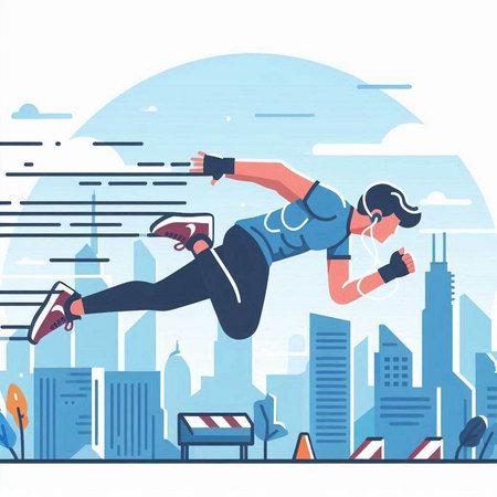 Running man in sportswear, flat vector illustration. Athlete training on city background.のイラスト素材