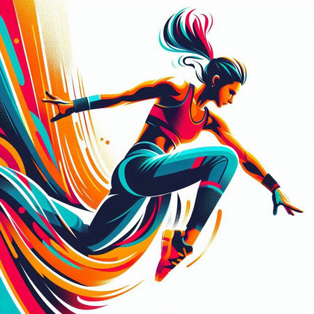 illustration of a young woman doing a fitness exercise with colorful backgroundのイラスト素材