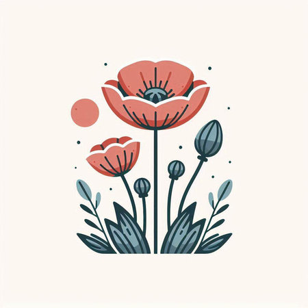 Hand drawn vector abstract floral illustration with poppies in scandinavian styleのイラスト素材