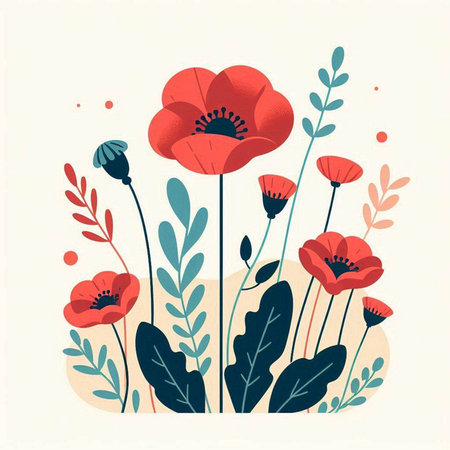 Hand drawn vector illustration of red poppies. Floral background.のイラスト素材