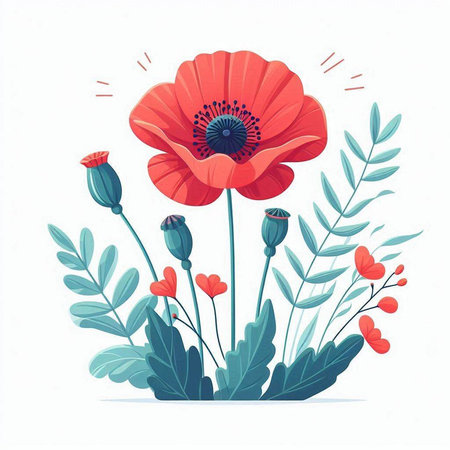 Red poppies and green leaves. Hand drawn vector illustration.のイラスト素材