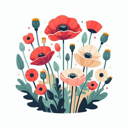 Vector illustration of a bouquet of poppies in a circle.のイラスト素材