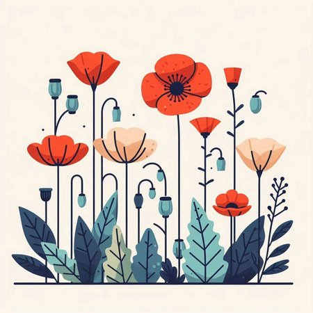Vector illustration with poppies and flowers in flat style. Floral background.のイラスト素材
