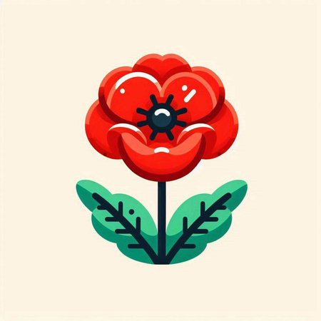 Red poppy flower with leaves. Vector illustration in flat cartoon style.のイラスト素材