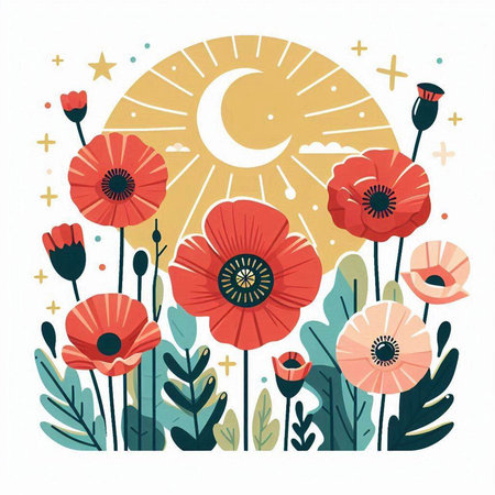 Vector illustration with poppies, moon and stars on white background.のイラスト素材