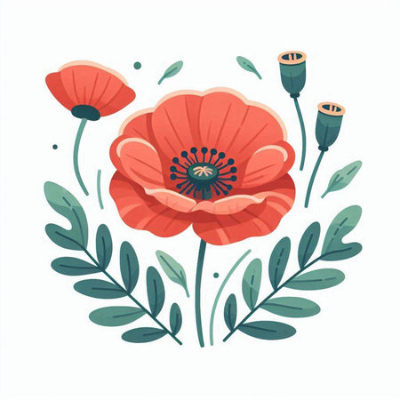 Hand drawn vector illustration of a red poppy flower with leaves isolated on white background.のイラスト素材