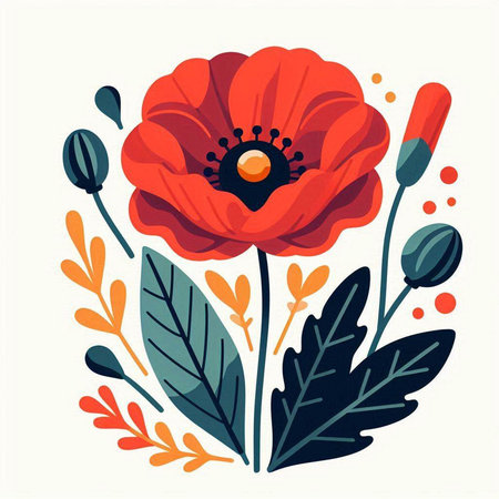 Red poppies and leaves. Vector illustration in flat style.のイラスト素材