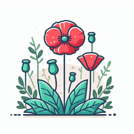 Vector illustration of red poppies with green leaves in flat linear style.のイラスト素材