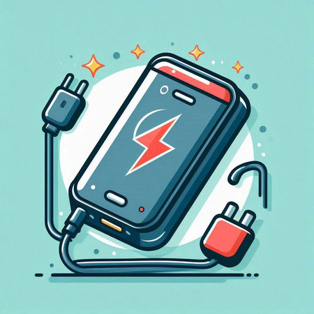 Smartphone charging with power cable on blue background. Vector illustration.のイラスト素材