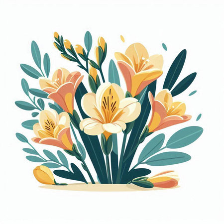 Floral bouquet with yellow lilies and green leaves. Vector illustration.のイラスト素材